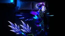 2_penises 2_tails 3d_(artwork) animal_genitalia animal_penis anthro bed blender_(artwork) blender_cycles blue_markings digital_media_(artwork) diphallia diphallism fur furniture genitals hemipenes hi_res horn lox_(loxthewicker) loxthewicker male markings multi_genitalia multi_penis multi_tail multicolored_body multicolored_fur penis pillow sleeping solo tail wickerbeast wings