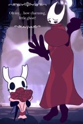 1boy 1girls 2d black_body black_eyes breasts cloak clothing female game_screenshot_background hollow_knight hornet_(hollow_knight) male notanalt protagonist_(hollow_knight) self_upload silhouette text thick_thighs