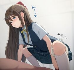 1boy aroused bar_censor blue_eyes blurry blurry_background blush bow brown_hair censored clothed_female_nude_male commentary_request cowgirl_position dark-skinned_male dark_skin female guided_penetration hair_between_eyes hairbow half-closed_eyes heart highres imminent_penetration interracial kneehighs long_hair love_live! love_live!_nijigasaki_high_school_idol_club lying male nijigasaki_school_uniform nude on_back ousaka_shizuku panties panties_around_one_leg parted_lips penis_grab school_uniform socks sound_effects spoken_heart squatting straight summer_uniform tata_(tataice) translated underwear
