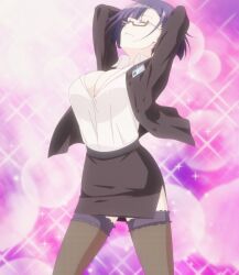 1girls arms_behind_head big_breasts breasts bursting_breasts busty cleavage closed_eyes confident female female_only formal_clothes glasses highres large_breasts legs nias_carlin office_lady open_clothes ore_wa_seikan_kokka_no_akutoku_ryoushu pose posing purple_hair sensual sexy sexy_pose short_hair skirt smile solo stitched thighs voluptuous