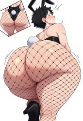 1boy 1femboy 2025 ai_generated alternate_version_available ass big_ass bunny_ears bunny_tail bunnysuit choker dat_ass dumptruck_ass femboy fishnet_legwear fishnets girly huge_ass leotard monkey_d_luffy one_piece playboy_bunny simple_background themto695 thick_thighs thighs twink white_background yamathegod_(style)