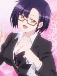 1girls big_breasts black_bra blush bra breasts busty cleavage clothes_pull female female_only formal formal_clothes formal_wear glasses half-closed_eyes highres large_breasts naughty_face nias_carlin office_lady orange_eyes ore_wa_seikan_kokka_no_akutoku_ryoushu pose posing pulled_by_self pulling_own_clothes purple_hair seductive seductive_look seductive_smile sensual sexy sexy_pose short_hair smile solo stitched teasing underwear voluptuous