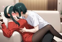 1boy ai_generated brother_and_sister couch drunk female forced_kiss holding_object incest living_room male pantyhose siblings spy_x_family sweater white_shirt yor_briar yuri_briar