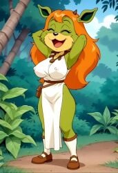 ai_generated amberley blue_eyes furry_female furry_only green_fur horns orange_hair tagme the_dreamstone