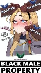 1girls 3boys ai_generated armor armored_female big_penis blonde_hair blue_eyes blush dark-skinned_male dark_penis dark_skin fiorina league_of_legends looking_at_penis luxanna_crownguard text