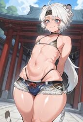 1boy 1femboy 2025 ai_generated alternate_version_available animal_ears arms_behind_back belly bikini bikini_bottom bikini_top blue_eyes civitai femboy feminine_male jean_shorts krekk0v_(ai_style) laerae lingyang_(wuthering_waves) micro_shorts minishorts navel outside short_shorts shorts smile solo standing sweat sweatdrop thick_thighs thighs tiger_ears twink white_hair wide_hips wuthering_waves yaoi