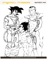 2009 3boys boner dragon_ball dragon_ball_z erection gay male male_only monochrome piccolo rynson son_goku vegeta yaoi