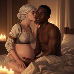 ai_generated bed ciri dark-skinned_male female interracial pregnant the_witcher_(series)
