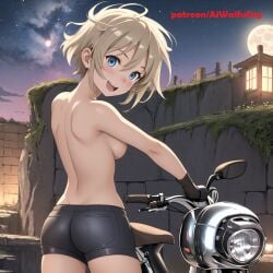 ai_generated aiwaifudesings ass beige_hair bike blue_eyes female looking_at_viewer maple_(aiwaifudesings) original original_character outdoors patreon_username short_hair short_shorts smile solo topless