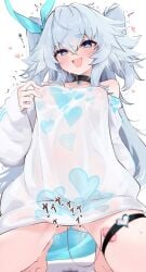 :d breasts commentary_request covered_nipples female female_masturbation florence_(neural_cloud) girls'_frontline girls'_frontline_neural_cloud grey_hair highres kneeling long_hair looking_at_viewer masturbation medium_breasts nipple_stimulation nipple_stimulation_through_clothes ohichi16 pa-15_(girls'_frontline) see-through_clothes see-through_shirt sex_toy shirt simple_background smile solo very_long_hair vibrator white_background white_shirt
