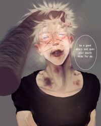 albino bite_mark black_tshirt blue_eyes blush bruise bruised bruised_neck dialogue disheveled_hair gay gay_domination gay_male getou_suguru gojou_satoru homosexual ibispaint ibispaintx jjk jujutsu_kaisen lust male male_only marks masochism masochist masochistic_male neck_markings pulled_up_hair saliva_drip satoru_gojo scars scars_on_face suguru_geto white_hair