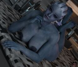 3d asari bare_breasts blender blue_skin breasts feet feet_up female laying_on_stomach lewd_legion liara_t'soni mass_effect nude nude_female on_bed sci-fi smile solo_female solo_focus