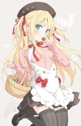 apron basket beret blue_eyes bowtie hair_ribbon kani_biimu looking_at_viewer red_ribbon shimotsuki_potofu skirt small_breasts thighhighs yellow_hair