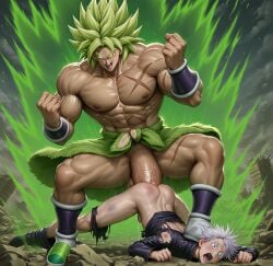 2boys 3d_(artwork) ai_generated broly broly_(dragon_ball_super) clapping_ass clapping_cheeks crossover defeated defeated_hero dragon_ball forced fucked_from_behind gay jujutsu_kaisen rape satoru_gojo size_difference torn_clothes