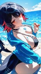 absurd_res ai_generated ass bare_shoulders beach bench bikini bikini_under_clothes black_bikini black_choker black_hair blue_hoodie blue_jacket blue_sky blush breasts cetacean_tail choker cleavage cloud collarbone colored_inner_hair covered_nipples day dripping ear_piercing eating ellen_joe female fins fish_tail food food_in_mouth food_on_body food_on_breasts food_on_face from_behind from_side hair_ornament hairclip halterneck holding holding_food holding_popsicle hood hood_down hooded_jacket hoodie horizon jacket large_breasts licking long_sleeves looking_at_viewer looking_back melting ministro mole mole_on_breast mole_under_eye multicolored_hair nail_polish o-ring o-ring_bikini ocean off_shoulder on_bench open_clothes open_jacket outdoors piercing popsicle popsicle_in_mouth red_eyes red_hair red_nails sand sexually_suggestive shark_girl shark_tail short_hair sideboob single_bare_shoulder sitting skindentation sky solo strap_gap streaked_hair string_bikini swept_bangs swimsuit tail tail_raised thigh_strap thighs two-tone_hair virtual_youtuber water x_hair_ornament zenless_zone_zero