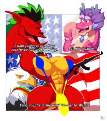 2025 2boys 2d 2d_(artwork) abs accipitrid accipitriform american_dragon:_jake_long anthro anthro_only asian asian_male avian bald_eagle bara barely_clothed big_muscles big_pecs big_penis bird blue_goatee blue_hair blue_horns blue_mankini blue_whiskers bobthetanuki bodybuilder buff butt_from_the_front claws comic country_mankini crossover curvy daddy dialogue digital_drawing_(artwork) digital_media_(artwork) dot_eyes dragon dragon_humanoid eagle eastern_dragon eight_pack english_text extrasizedbob facial_hair firearm flag french_flag furry gay goatee green_highlights grin grinning gun hair half-closed_eyes holding_gun holding_object horns humanoid hyper hyper_muscles hyper_pecs jake_long long_(wish_dragon) low-angle_view male male_breasts male_focus male_only mankini meme moobs multicolored_body multicolored_fur multicolored_hair multicolored_scales muscular muscular_male mythological_creature mythological_scalie navel netflix nipple_outline nipples no_humans non-human pecs penis penis_exposed_on_mankini penis_outline penis_peek pink_body pink_fur pink_scales pose posing purple_hair red_body red_scales rifle scales scalie scalie_humanoid smile smiling tail thick_thighs thighs thong tongue twitter_link two_tone_body two_tone_fur two_tone_hair ucranian_flag underwear whiskers wide_hips wish_dragon yellow_countershading yellow_mankini