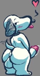 2025 anthro anus ass balls big_butt black_collar black_ears black_nose blush bodily_fluids canid canine canis collar digital_drawing_(artwork) digital_media_(artwork) domestic_dog erection gammackkk genital_fluids genitals grey_background heart_symbol looking_at_viewer looking_back looking_back_at_viewer male mammal narrowed_eyes peanuts_(comic) precum rear_view short_stack simple_background snoopy solo tail tail_motion tailwag thick_thighs tongue tongue_out white_balls white_body white_tail
