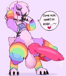 absurd_res animal_genitalia animal_penis balls canid canine canine_genitalia canine_penis clothing collar crouching donnie_(cosmicmewtwo) ear_piercing erection fur generation_7_pokemon genitals hi_res lycanroc mammal midnight_lycanroc multicolored_body multicolored_clothing multicolored_fur neceet nintendo penis piercing pokemon pokemon_(species) purple_body purple_fur rainbow_clothing red_eyes smile white_body white_fur