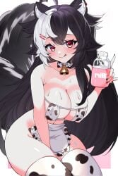 ahoge animal_ear_fluff animal_ears animal_print apron bangs bare_shoulders bell bell_collar between_legs bikini black_hair blush bottle breasts cleavage closed_mouth collar cow_bell cow_print cup disposable_cup drinking_straw eyebrows_visible_through_hair female hair_ornament hairclip hand_between_legs heart-shaped_pupils holding large_breasts licking_lips long_hair looking_at_viewer milk milk_bottle milk_carton mole mole_on_breast momotexx_(vtuber) multicolored_hair red_eyes seiza sitting smile solo streaked_hair swimsuit tail thighhighs tongue tongue_out two-tone_hair very_long_hair virtual_youtuber vyugen white_legwear