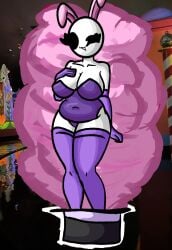 alternate_version_available bald bald_female black_eyes breasts bunny_ears bunnysuit chetoh chubby chubby_female claire_(chetoh) cleavage egg female female_focus female_only gloves hand_on_breast hat looking_at_viewer magic_trick oc original original_character photo_background purple_bunnysuit purple_stockings smile smiling smiling_at_viewer stockings white_body