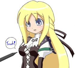 animated blonde_hair blue_eyes blush breast_poke breasts confused corset department_heaven jiggle onomatopoeia pointy_chin poke poking ribbon stylus surprised yggdra_union yggdra_yuril_artwaltz