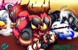 after_sex anal balls big_balls bodily_fluids canid canine canis closed_eyes cum cum_in_ass cum_inside destiny-yuuei dialogue eeveelution female flareon generation_1_pokemon generation_5_pokemon generation_7_pokemon genital_fluids genitals hi_res huge_balls hyper hyper_balls hyper_genitalia jay_(dusk_rioluff) kissing male male/female male/male mammal mienshao neon_dark_(destiny-yuuei) nintendo on_ground pokemon pokemon_(species) rockruff rosy_(destiny's_art) text wolf
