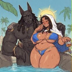 abs ai_generated alcohol anthro anthro_on_human anubis big_breasts big_penis blush bottle breasts brown_hair curvy_figure dark-skinned_female drunk duo egyptian erect_penis female larger_male male muscular muscular_male naked nude oasis party pecs penis pool robe seductive seductive_look seductive_smile smirk smirking taller_male tan tan_body tan_skin teasing thick_thighs veil virgin_mary whiskey wide_hips