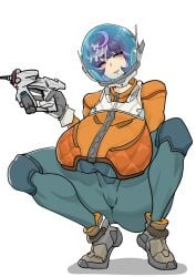 1girls alternate_breast_size bodysuit breasts cum cum_on_hair energy_gun female gigantic_breasts gloves grey_gloves gun head_tilt helmet highres holding holding_gun holding_weapon huge_breasts jacket juno_(overwatch) knee_pads looking_at_viewer multicolored_hair orange_jacket overwatch parted_lips purple_hair smile solo space_helmet squatting tiptoes weapon white_background yanz2