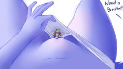 anthro arkani_(arkwulff) arkwulff bodily_fluids breath canid canine canis clothing clothing_pull duo extreme_size_difference female genital_fluids hi_res male male/female mammal micro panties panting panty_pull size_difference underwear underwear_pull vaginal_fluids wet wet_clothing wolf