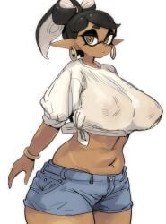 1girls black_hair bracelet breasts callie_(splatoon) denim denim_shorts earrings female hoop_earrings inkling inkling_girl large_breasts looking_at_viewer mole mole_under_eye navel nintendo no_bra no_bra_under_clothes pointy_ears ponytail see-through shirt shirt_tied_around_waist shirt_tied_up shorts simple_background solo splatoon tanline tentacle_hair thick_thighs thighs white_background white_shirt yuta_agc