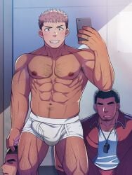 2boys abs age_difference arm_hair armpit_hair bara beard_stubble beefy big_areola big_bulge big_penis black_hair blush briefs brown_eyes bulge bulge_through_clothing cellphone chest_hair clenched_teeth closed_eyes collarbone daddy dilf erection erection_under_clothes face_mask frown futase_hikaru gay genital_outline grin happy_trail hi_res holding_object hunk imposter itadori_yuuji jacket jewelry jujutsu_kaisen leg_hair legs_apart lunatique male male_only manly mature_male mischievous_smile multicolored_hair muscles muscular muscular_arms muscular_legs muscular_male muscular_thighs navel original_character p.e._teacher pecs pink_hair ring selfie shaved_side short_hair sitting six_pack skinsuit sleeping smartphone spiky_hair standing steam steamy_armpits sweat sweatdrop thick_eyebrows thick_penis topless tough_guy two_tone_hair veiny_arms whistle whistle_around_neck yaoi