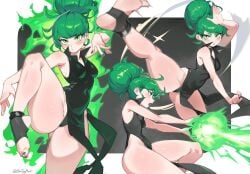 blush breasts collared_dress dress energy_beam female female_focus gluteal_fold green_eyes green_hair highres leg_up looking_at_viewer matching_hair/eyes medium_hair nail_polish one-punch_man sin_(sintrybest) sintrybest small_breasts solo stirrup_legwear tatsumaki thick_thighs thighs toeless_legwear toenail_polish toenails