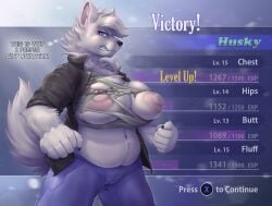 anthro areola belly big_breasts big_nipples bottomwear breast_expansion breasts canid canine canis claws clothing denim denim_bottomwear denim_clothing domestic_dog expansion female gameplay_mechanics grimace hi_res huge_breasts huge_nipples husky husky_(corablue) implied_gender_transformation implied_transformation jacket jeans level_up littlenapoleon mammal nipples nordic_sled_dog pants pink_nipples shirt solo spitz thought_bubble topwear torn_clothing torn_shirt torn_topwear