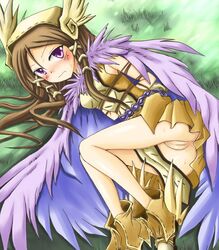 anus blaze_union blush bondage brown_hair cape purple_eyes pussy uncensored valkyrie valkyrie_(yggdra_union) yggdra_union