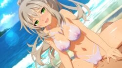1boy 1girls anime_style areolae beach blush breasts completely_nude_female cowgirl_position different_expressions female game_cg green_eyes grey_hair hazel_(sakura_succubus) large_breasts male nipples ocean paint painted_breasts penis ponytail pussy sakura_succubus sex smiling straddling uncensored vaginal_penetration vaginal_sex veiny_penis wanaca water winged_cloud