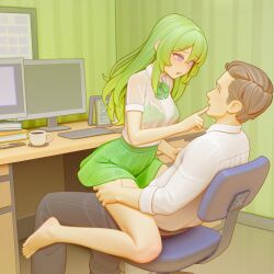 after_work ai_generated barefoot blush bra bra_visible_through_clothes cowgirl_position cute green_bra green_skirt looking_at_partner mezrus office office_chair office_lady opened_mouth purple_eyes sex skirt tagme touching_face transparent_clothing virgin young