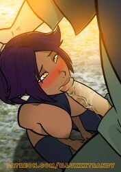 animated black_legwear black_stockings bleach blowjob blush bouncing_breasts cleavage dark-skinned_female dark_skin deep_blowjob deepthroat fellatio footwear head_grab illuxxxtrandy medium_breasts nipples open_mouth ponytail purple_hair shihouin_yoruichi uncensored yellow_eyes