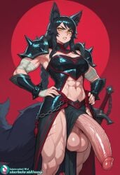 1futa ahri ai_generated armor armored_female armored_futa athletic_futanari big_balls big_penis fox fox_ears fox_girl fox_tail futa_only futanari hyper_penis league_of_legends makeup muscular_futanari noonyx noxian_soldier noxus pubes pubic_hair scar scars sword tagme
