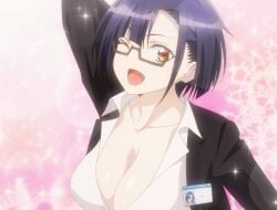 1girls arm_behind_head big_breasts breasts busty cleavage confident female female_only formal_clothes glasses highres large_breasts nias_carlin office_lady one_eye_closed open_mouth orange_eyes ore_wa_seikan_kokka_no_akutoku_ryoushu pose posing purple_hair sensual sexy sexy_pose short_hair solo stitched tongue voluptuous wink