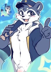 1boy absurdres animal_ears baseball_bat baseball_cap black_hat blush chinese_commentary commentary_request fangs flaccid furry furry_male galactic_baseballer_(honkai:_star_rail) hat highres holding holding_baseball_bat honkai:_star_rail honkai_(series) hood hood_down hooded_jacket index_finger_raised jacket looking_at_viewer male male_focus male_only navel open_clothes open_jacket open_mouth penis raccoon_boy raccoon_ears raccoon_tail reference_inset sakusaya tail toned toned_male
