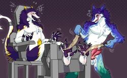 4_fingers 4_toes anthro aroused aroused_by_another aroused_face ball_tuft balls blush bodily_fluids bondage bondage_chair bondage_furniture bound claws crying_laughing diphallia diphallism dominant dominant_male duo feathers feet fingers flame_pattern genitals hi_res hypnotic_eyes jimmycervix laugh licking licking_lips male male/male multi_genitalia multi_penis pawpads paws penis restraints sergal spread_toes stocks submissive submissive_male sweat tail tail_bondage tail_tied tears tickle_torture tickling tickling_feet toe_claws toe_restraints toes tongue tongue_out tuft