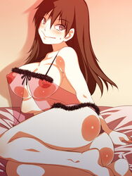 1girls ass bare_shoulders barefoot bed blush breasts brown_hair erect_nipples female hair large_breasts lingerie long_hair looking_at_viewer maria_momoe mizuryuu_kei momoe_maria nipples ookiku_furikabutte pointy_chin see-through sitting smile solo