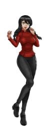 :d black_footwear black_hair black_pants braid breasts cg curvy female full_body glasses green_background green_eyes hair_ornament hairclip hentai_heroes kinkoid large_breasts long_hair long_sleeves looking_at_viewer momo_(hentai_heroes) official_art open_mouth pants parody red_jacket red_shirt red_sweater shirt shoes shokugeki_no_souma simple_background smile solo standing standing_on_one_leg tadokoro_megumi thick_thighs thighs tight_clothes transparent_background twin_braids wide_hips yellow_eyes