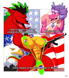 2025 2boys 2d 2d_(artwork) abs accipitrid accipitriform american_dragon:_jake_long anthro anthro_only asian asian_male avian bald_eagle bara barely_clothed big_muscles big_pecs big_penis bird blue_goatee blue_hair blue_horns blue_mankini blue_whiskers bobthetanuki bodybuilder brazilian_flag buff butt_from_the_front claws comic country_mankini crossover curvy daddy dialogue digital_drawing_(artwork) digital_media_(artwork) dot_eyes dragon dragon_humanoid eagle eastern_dragon eight_pack english_text extrasizedbob facial_hair firearm flag furry gay goatee green_highlights green_mankini grin grinning gun hair half-closed_eyes holding_gun holding_object horns humanoid hyper hyper_muscles hyper_pecs jake_long japan_flag long_(wish_dragon) low-angle_view male male_breasts male_focus male_only mankini meme moobs multicolored_body multicolored_fur multicolored_hair multicolored_scales muscular muscular_male mythological_creature mythological_scalie navel netflix nipple_outline nipples no_humans non-human pecs penis penis_exposed_on_mankini penis_outline penis_peek pink_body pink_fur pink_scales pose posing purple_hair red_body red_scales rifle scales scalie scalie_humanoid smile smiling tail thick_thighs thighs thong tongue twitter_link two_tone_body two_tone_fur two_tone_hair underwear whiskers white_mankini wide_hips wish_dragon yellow_countershading yellow_mankini