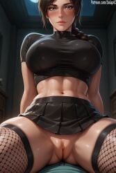 1girls ai_generated big_breasts blush braid braided_hair brown_hair female female_only fishnet_thighhighs fishnets goth goth_girl lara_croft lara_croft_(survivor) looking_at_viewer midriff navel patreon pleated_skirt pussy salupai seductive_look showing_pussy sitting skirt solo solo_female t-shirt tomb_raider tomb_raider_(survivor) uncensored waiting_for_turn watermark