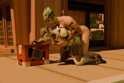 2boys anal anal_sex anal_sex cyborg doggy doggy_style doggy_style frozenbound genji green_hair hugging hugging_from_behind human male male/male male_only male_penetrating_male overwatch selfcest young_genji
