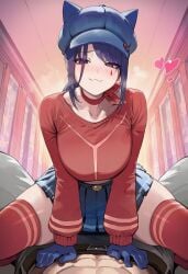 1boy 1girls :3 abs ai_assisted ai_generated blue_eyes blue_hair blush cap cappie_(miside) cool_mita_(miside) cowgirl_position female gloves heart looking_at_viewer male miside pleated_skirt pov pov_crotch pov_male red_shirt red_thighhighs sitting sitting_on_person skirt smug tease teasing teasing_viewer thighhighs truck-kun_art truck_kun