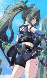 1girls absurdres android arm_strap armlet ass black_armlet black_choker black_gloves black_shorts blue_sky blurry blurry_background braid choker cloud commentary_request crop_top day detached_sleeves electricity female fingerless_gloves fingernails from_behind gloves green_eyes green_hair hair_bobbles hair_ornament highres holding holding_staff jewelry joints lightning long_hair looking_at_viewer looking_back midriff nape parted_lips police police_uniform policewoman qingyi_(zenless_zone_zero) robot_joints shorts side_braids sky solo sparks sphere_hair_ornament staff staff_(weapon) standing thighs twintails very_long_hair vest zenless_zone_zero