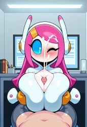 1boy 1girls ai_generated alien_humanoid blush cum cum_on_face kirby_(series) kirby_planet_robobot one_eye_closed paizuri susie_(kirby)