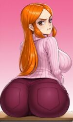 1girls ai_generated anonemus1 background_character big_ass big_breasts big_butt brown_eyes cartoon_network clothed clothes clothing foster's_home_for_imaginary_friends fusionfall long_sidelocks looking_at_viewer looking_back orange_hair sitting sitting_on_desk solo solo_female